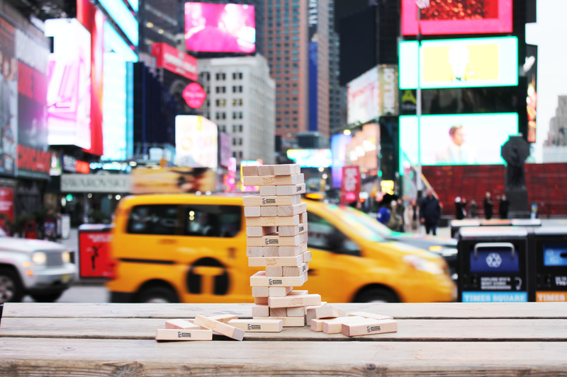 A stack of JENGA blocks in Times Square