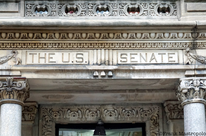 A building in Gramercy has "The U.S. Senate" engraved above its entrance. U.S. Senator William Evarts once lived on the site.