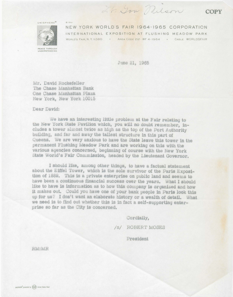A Letter from Robert Moses to Nelson Rockefeller