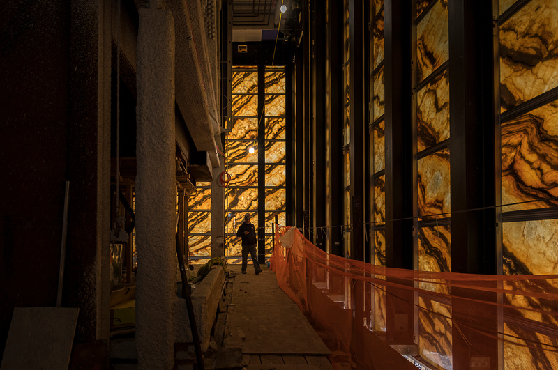 Construction photo of the marble panels on the Perelman Performing Arts Center from the inside