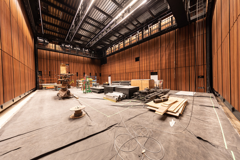 Construction photo of a theater space inside the Perelman Performing Arts Center