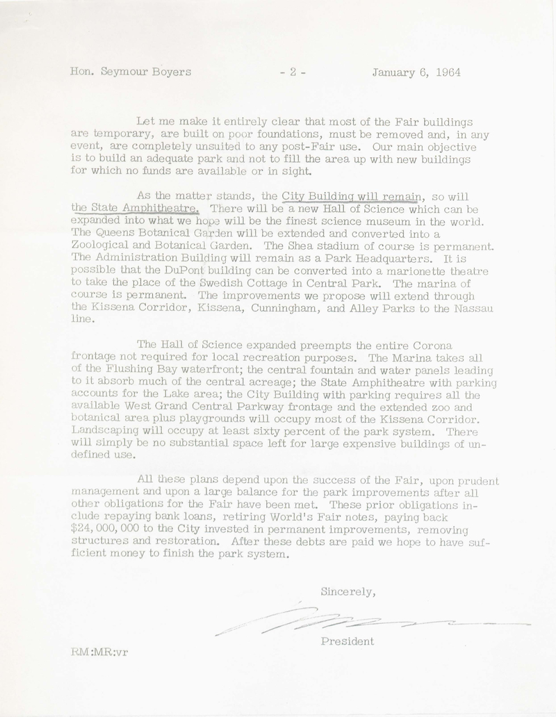 Letter from Robert Moses about the World's Fair Pavilion