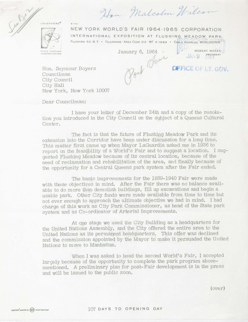 Letter from Robert Moses about World's Fair buildings
