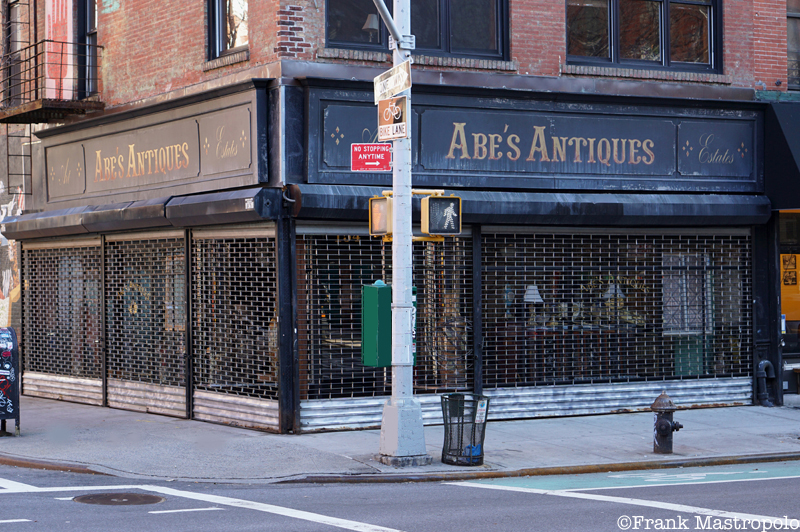 Abe's Antiques facade used by the ABC TV series Forever in 2014. The antique store signs cover the Louis Zuflacht clothing store ghost signs on the Lower East Side of Manhattan