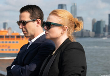 Jeremy Strong and Sarah Snook on the water in NYC