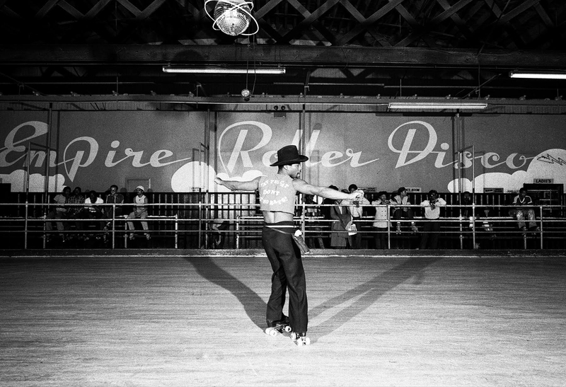 A Skater at Empire Roller Rink in the 1970s, black and white photo