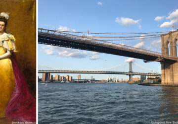 Portrait of Emily Roebling next to a picture of the the Brooklyn Bridge