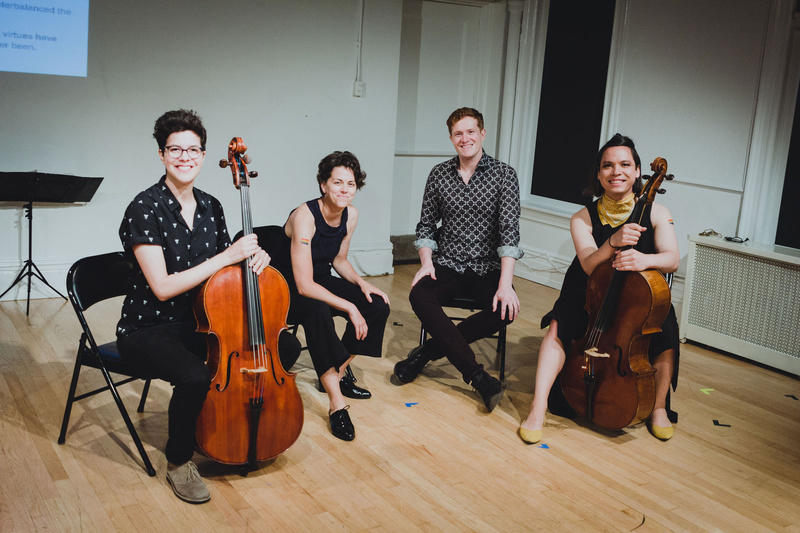 The founding members of Chamber Queer pictured with 2 cellos who will be taking part in NYC Pride events