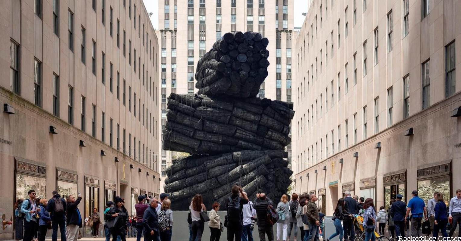 charcoal sculpture in Origin, Emergence, Return at Rockefeller Center