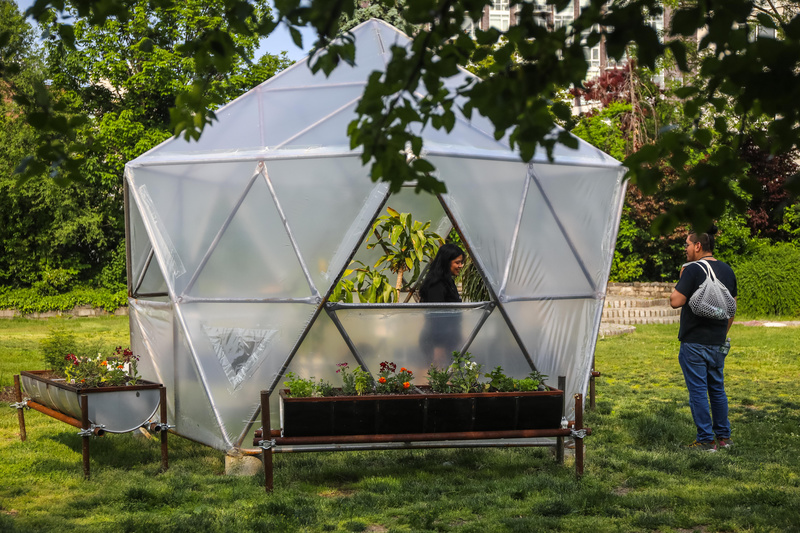 An image of the dome-shaped Flock House, used as a garden space.