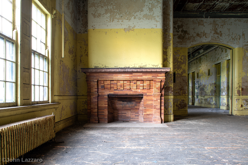 Brick fireplace at the former Buffalo State Hospital