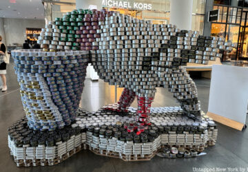 Sculpture of a pigeon made out of cans for Canstruction 2023