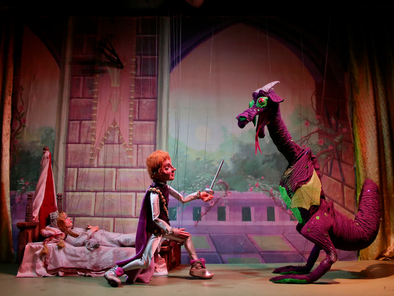 "The Prince protects 'The Sleeping Beauty' from the dragon."