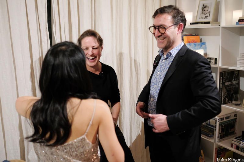Michelle Young, Debby Applegate and Michael Wolraich laughing at The Lit Salon