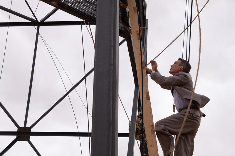 Oppenheimer climbing the Trinity testing site tower. Photo: Melinda Sue Gordon/Universal Pictures
