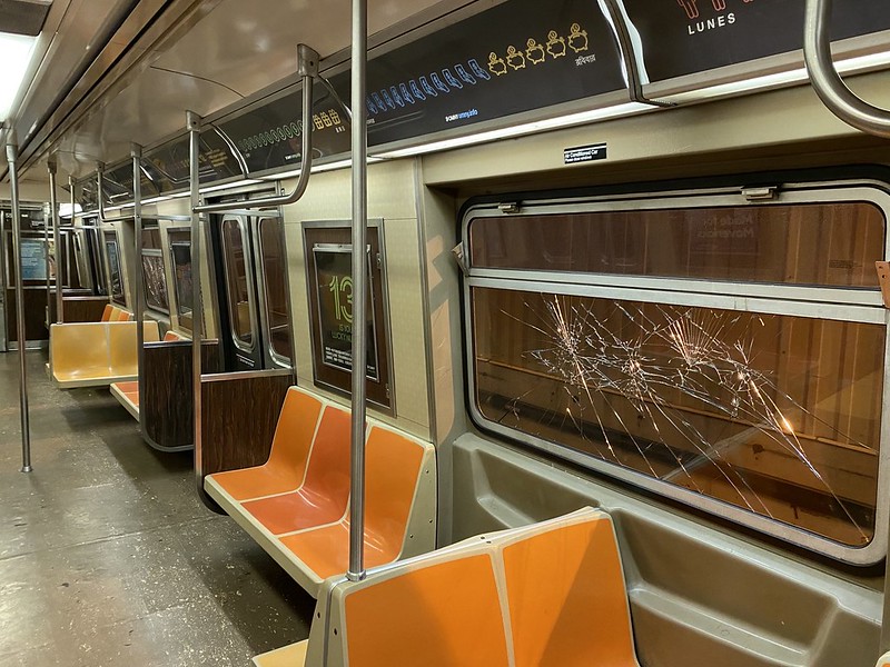 R46 train with broken window. Photo: Metropolitan Transportation Authority