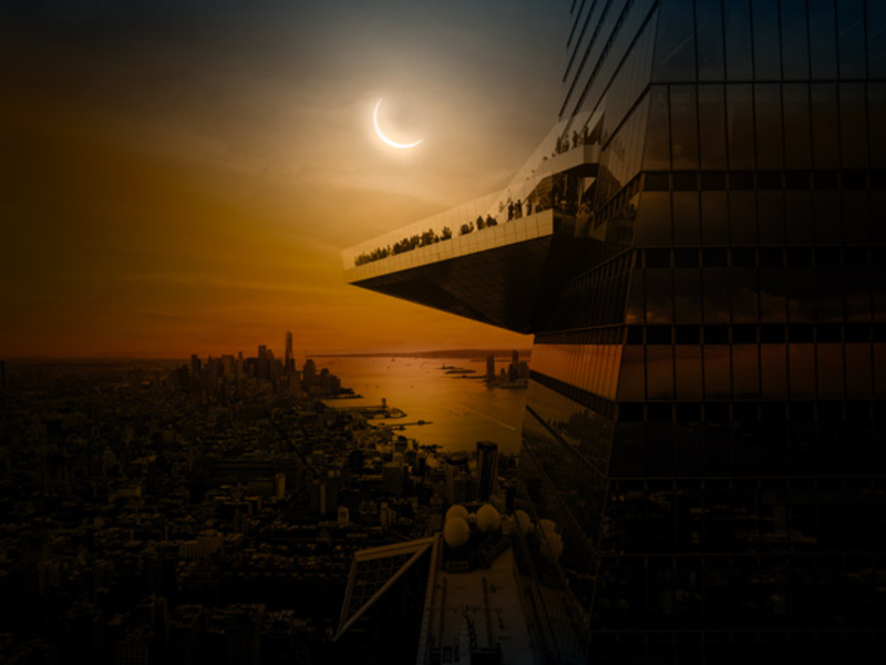 rendering of the solar eclipse in the sky over The Edge at Hudson Yards