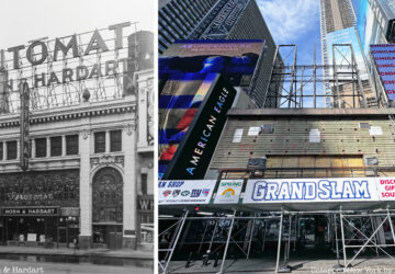 Original Horn & Hardart building next to what the building looks like now in Times Square