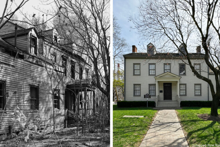 Before and after photographs of the Blackwell House on Roosevelt Island