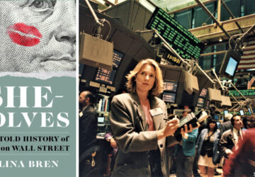 She-wolves book cover and photo of woman at NYSE